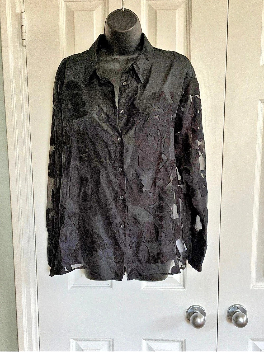 Zara Black Floral Burnout Velvet Button-Up Shirt Sheer Animal Print Button Down